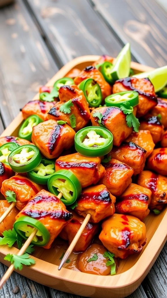 Grilled jalapeño chicken skewers on a wooden platter with fresh cilantro and lime wedges.